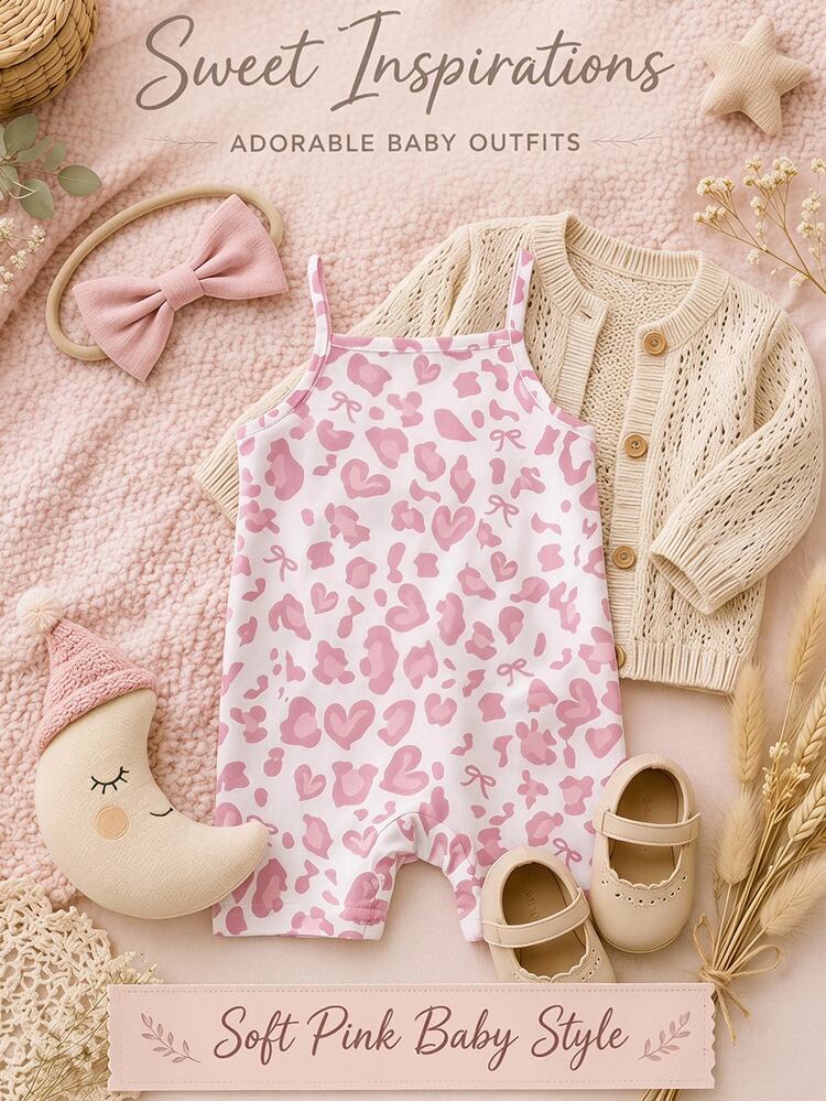 Super Cute Creamy Style Bow Heart Leopard Print, Baby Girl Casual Spaghetti Strap Jumpsuit Suitable For Spring/Summer, Korean Style, Easy & Comfortable, Fashionable Children's Clothing, Y2K, Kawaii, Party, Daily, Vacation, Cute, Comfortable, - Multicolor - View 3