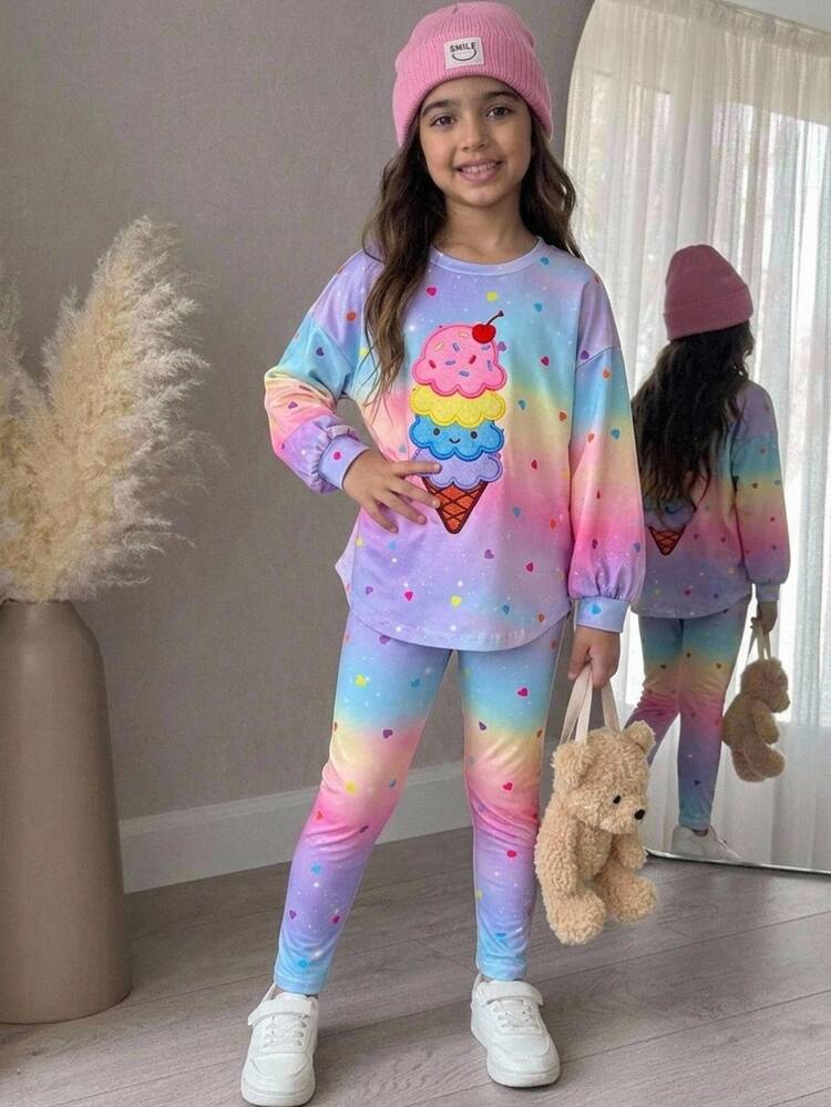 SHEIN Young Girl Casual Minimalist Cute Ice Cream Pattern, Colorful Polka Dot Tie-Dye Print, Sweet Cream Style, Vacation Style, Autumn/Winter College Casual Sports Long Sleeve 2-Piece Set - Multicolor - View 8