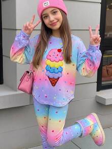 SHEIN 少女休閒極簡可愛冰淇淋圖案，彩色波點紮染印花，甜奶油風，度假風，秋冬大學休閒運動長袖兩件套 - 彩色 - 查看 2