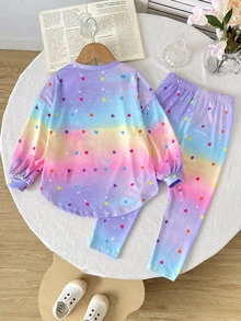 SHEIN 少女休閒極簡可愛冰淇淋圖案，彩色波點紮染印花，甜奶油風，度假風，秋冬大學休閒運動長袖兩件套 - 彩色 - 查看 6