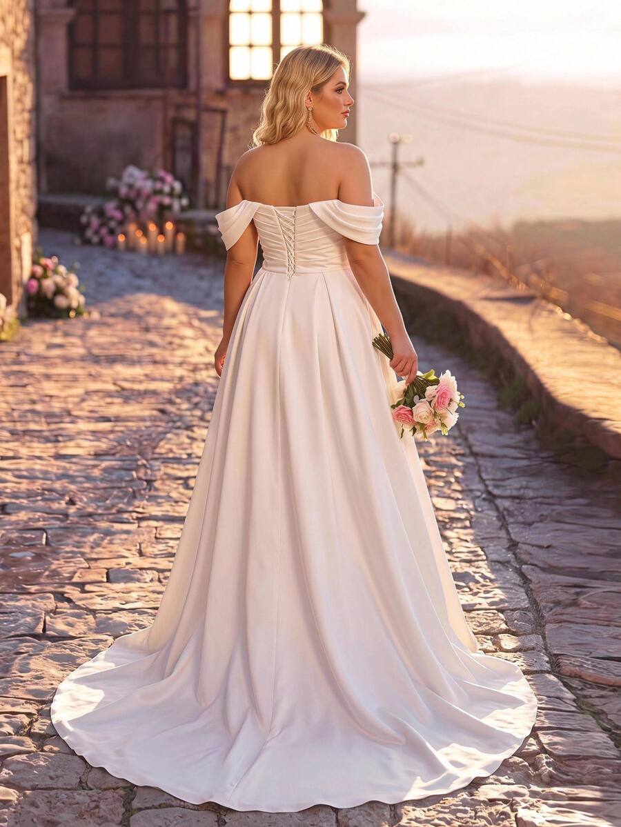 Glamrae Plus Size Elegant Romantic Glamorous Noble White Asymmetrical Shaped Hanging Sleeve Pleated Skirt For Evening Party Wedding - White - View 1