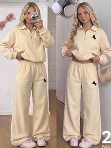 SHEIN Tween Girls Zip-Up Minimalist Kids Print Fashion Long Sleeve Sweatshirt + Pants 2 Pieces Set, Comfortable Style - Apricot - View 2