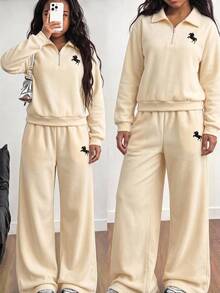 SHEIN Tween Girls Zip-Up Minimalist Kids Print Fashion Long Sleeve Sweatshirt + Pants 2 Pieces Set, Comfortable Style - Apricot - View 3