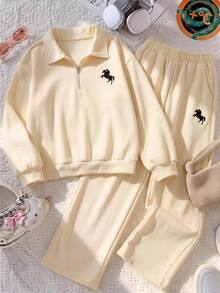 SHEIN Tween Girls Zip-Up Minimalist Kids Print Fashion Long Sleeve Sweatshirt + Pants 2 Pieces Set, Comfortable Style - Apricot - View 1