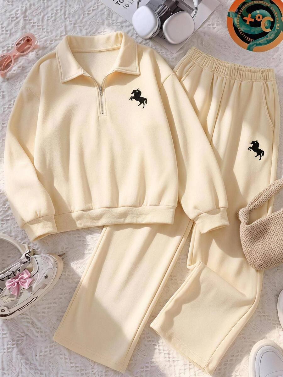 SHEIN Tween Girls Zip-Up Minimalist Kids Print Fashion Long Sleeve Sweatshirt + Pants 2 Pieces Set, Comfortable Style - Apricot - View 1