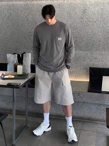 DAZY 春季灰色長袖束口寬鬆口袋拼接男士T恤秋季 - 灰色 - 查看 3