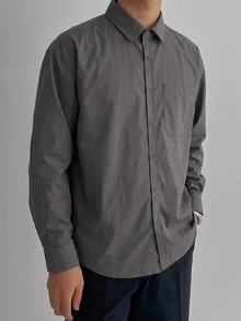 DAZY Grey Long Sleeve Solid Color Pure Cotton Washed Cotton Men's Pocket Commuter Shirt - Grey - View 5