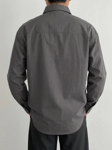 DAZY Grey Long Sleeve Solid Color Pure Cotton Washed Cotton Men's Pocket Commuter Shirt - Grey - View 2