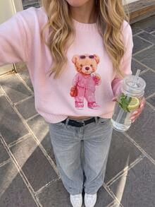 SHEIN Tween Girl Pink Knitted Tween Girl Bear Pattern Sweater Top Fall/Winter - Pink - View 2