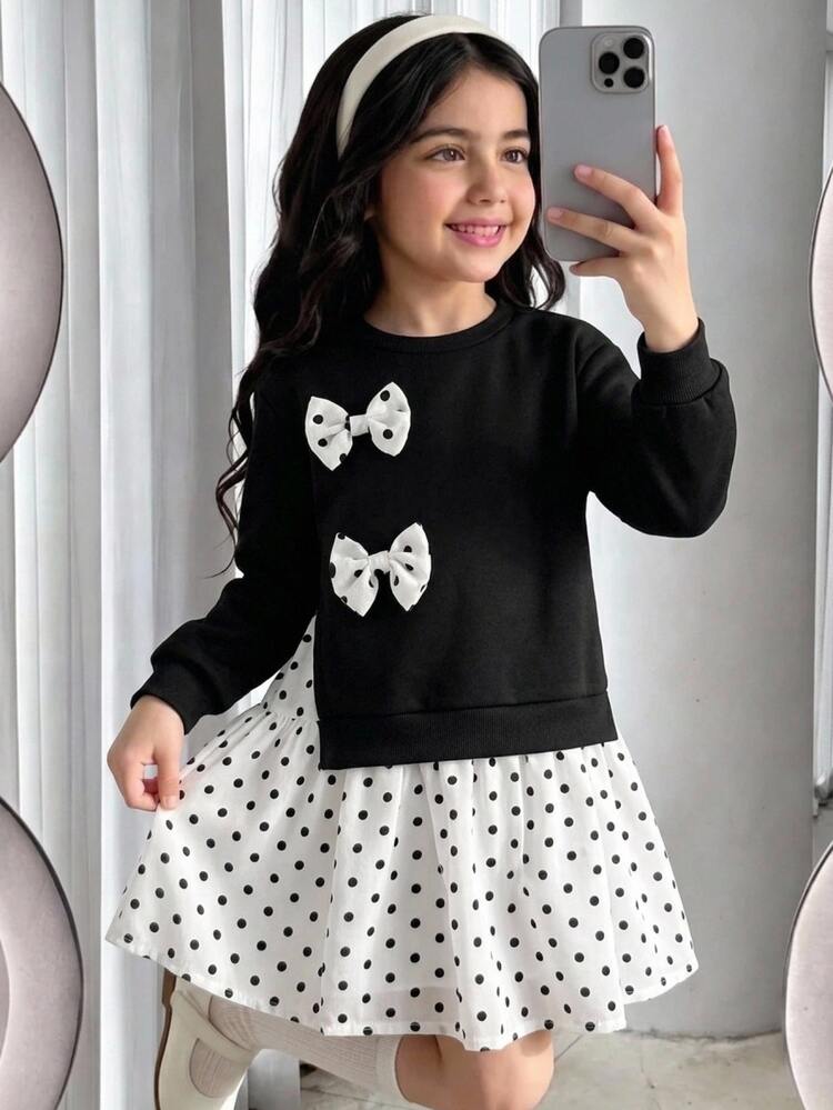 Young Girl Young Girl Young Girl Young Girls Young Girl Cute Colorblock Long Sleeve Plaid Dress Fall/Winter Outfits - Black and White - View 5