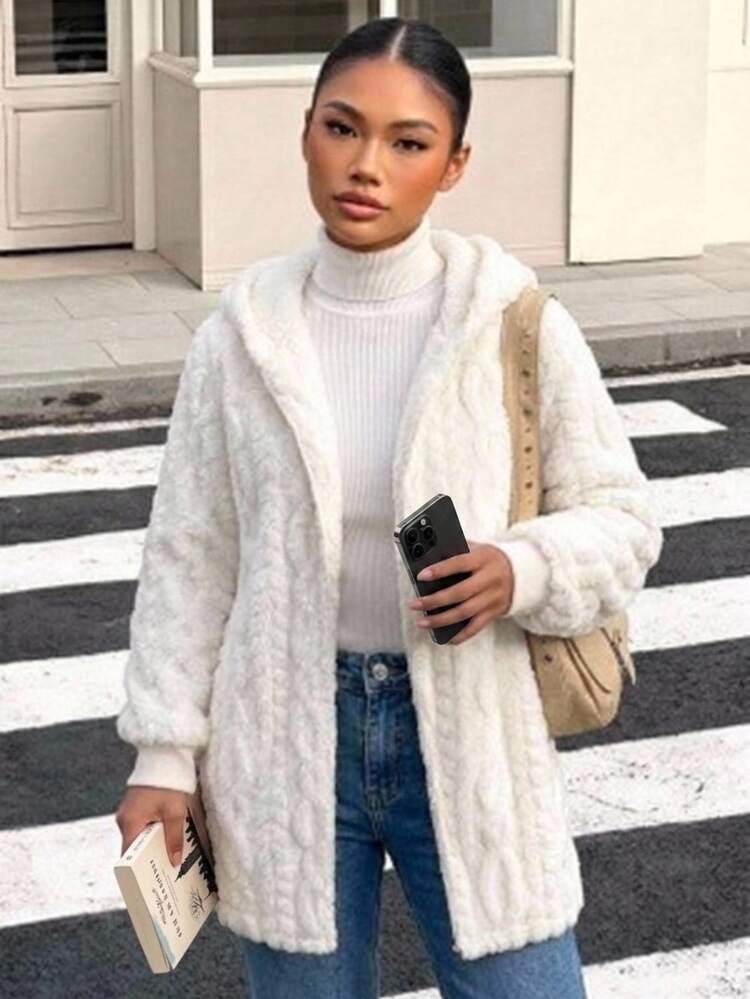 SHEIN Tween Girl Tween Girl Tween Girl Tween Girl Plush Wheat Flower Pattern Simple Comfortable Versatile Daily Plush Coat Fall/Winter - White - View 1