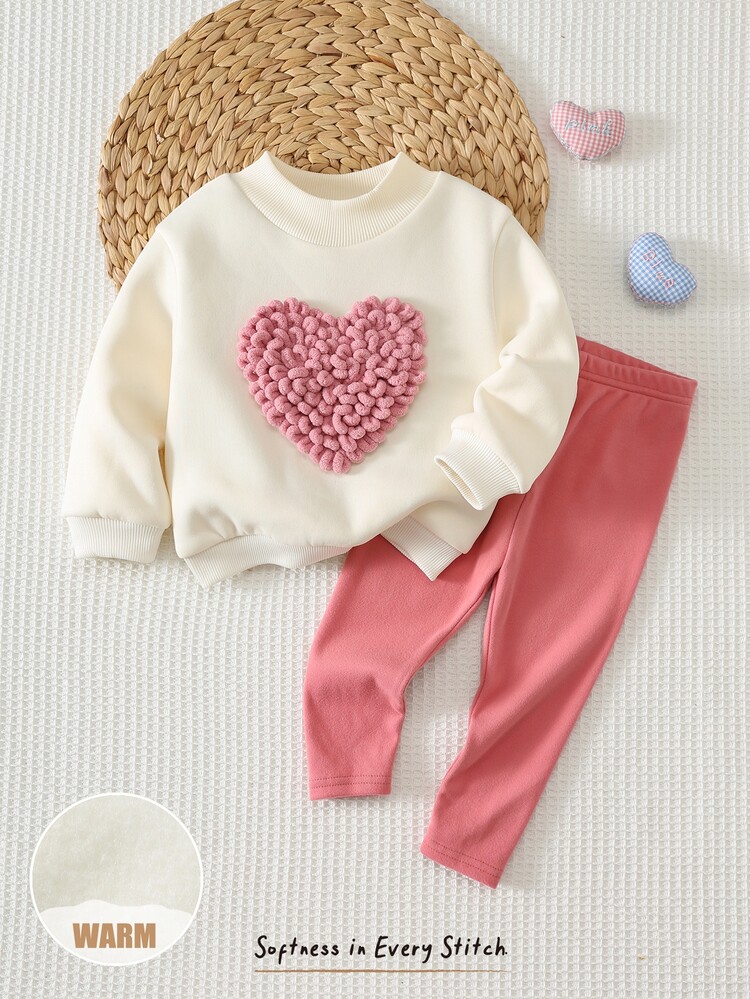Cozy Pixies Kids Baby Girl 2pcs/Set 3D Heart-Shaped Long Sleeve Pullover Sweatshirt & Elastic Waist Leggings Set, Contrast Color 3D Crochet Heart Round Neck Pullover Sweatshirt & Solid Color Elastic Waist Long Pants, Comfortable Versatile Fashion Daily Cute Casual Minimalist Basic Style, Suitable For Indoor Wear In Autumn/Winter - Multicolor - View 3
