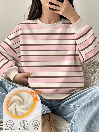 SHEIN Sparklyn Áo nỉ cổ tròn lót lông cừu họa tiết sọc kỹ thuật số cho nữ thiếu niên, phù hợp mùa Thu/Đông, tiệc tựu trường, dễ thương, trang phục Thu/Đông, giữ ấm