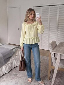 SHEIN 青少年女孩休閒可愛極簡舒適圓領長袖蝴蝶結紋理布料上衣，返校季秋季穿搭淡黃色 - 黃色 - 查看 2