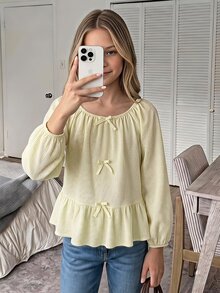 SHEIN 青少年女孩休閒可愛極簡舒適圓領長袖蝴蝶結紋理布料上衣，返校季秋季穿搭淡黃色 - 黃色 - 查看 3