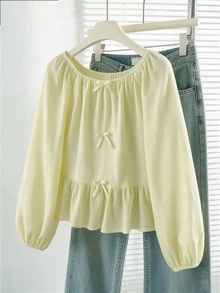 SHEIN 青少年女孩休閒可愛極簡舒適圓領長袖蝴蝶結紋理布料上衣，返校季秋季穿搭淡黃色 - 黃色 - 查看 6
