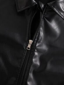 Tween Girl Black Zipper Front Lapel Ribbed Cuffs Streetwear Versatile Motorcycle PU Leather Loose Jacket, Autumn/Winter Outfit,Back To School,Cute - Black - View 6