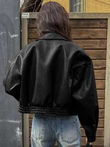 Tween Girl Black Zipper Front Lapel Ribbed Cuffs Streetwear Versatile Motorcycle PU Leather Loose Jacket, Autumn/Winter Outfit,Back To School,Cute - Black - View 2