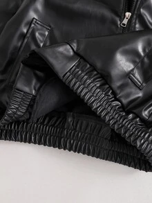 Tween Girl Black Zipper Front Lapel Ribbed Cuffs Streetwear Versatile Motorcycle PU Leather Loose Jacket, Autumn/Winter Outfit,Back To School,Cute - Black - View 7