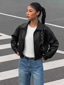 Tween Girl Black Zipper Front Lapel Ribbed Cuffs Streetwear Versatile Motorcycle PU Leather Loose Jacket, Autumn/Winter Outfit,Back To School,Cute - Black - View 5