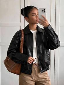 Tween Girl Black Zipper Front Lapel Ribbed Cuffs Streetwear Versatile Motorcycle PU Leather Loose Jacket, Autumn/Winter Outfit,Back To School,Cute - Black - View 1