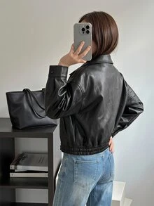 Tween Girl Black Zipper Front Lapel Ribbed Cuffs Streetwear Versatile Motorcycle PU Leather Loose Jacket, Autumn/Winter Outfit,Back To School,Cute - Black - View 4