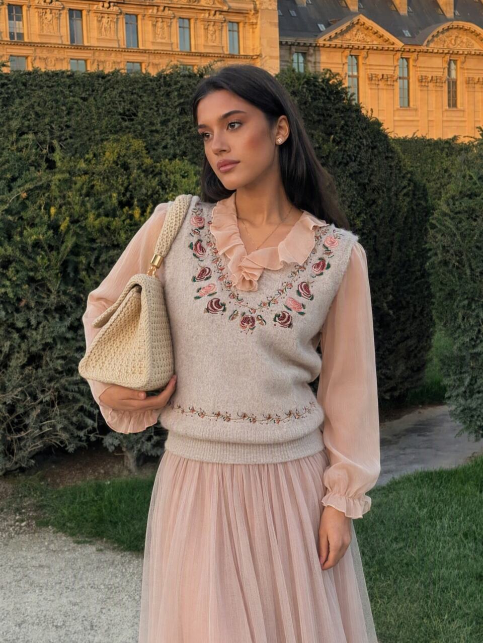 Chaleco de punto multicolor con cuello en V para mujer, estilo vintage con bordado floral de rosas de colores, sin mangas, camisola suave y mullida, chaleco interior para capas en otoño/invierno