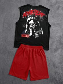 ROMWE MEN Street Life Letter Print Crew Neck Tank Top And Drawstring Waist Shorts Casual Set - Multicolor - View 2