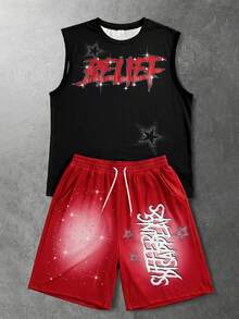ROMWE MEN Street Life Letter Print Crew Neck Tank Top And Drawstring Waist Shorts Casual Set - Multicolor - View 3