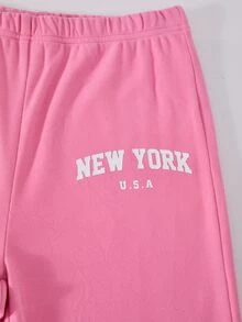 SHEIN 2件組青少年女孩英文圖案印花連帽衛衣，秋季穿搭，雙面刷毛高彈力羅紋喇叭褲 - 彩色 - 查看 5