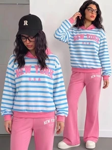 SHEIN 2件組青少年女孩英文圖案印花連帽衛衣，秋季穿搭，雙面刷毛高彈力羅紋喇叭褲 - 彩色 - 查看 1