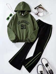 SHEIN 青少年女孩長袖秋季套裝 雙層針織連帽衛衣復古字母印花上衣搭配舒適抓絨喇叭運動長褲 街頭風秋季穿搭 - 軍綠色 - 查看 9
