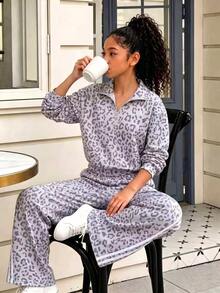 Tween Girls 2pcs Set Sweatshirt Set, Vintage, Loose, Knit, Casual, Vacation, Fall Leopard Print Stripe Polo Pull Wide Leg Sweat Pant Girls Outfit Sets - Multicolor - View 1