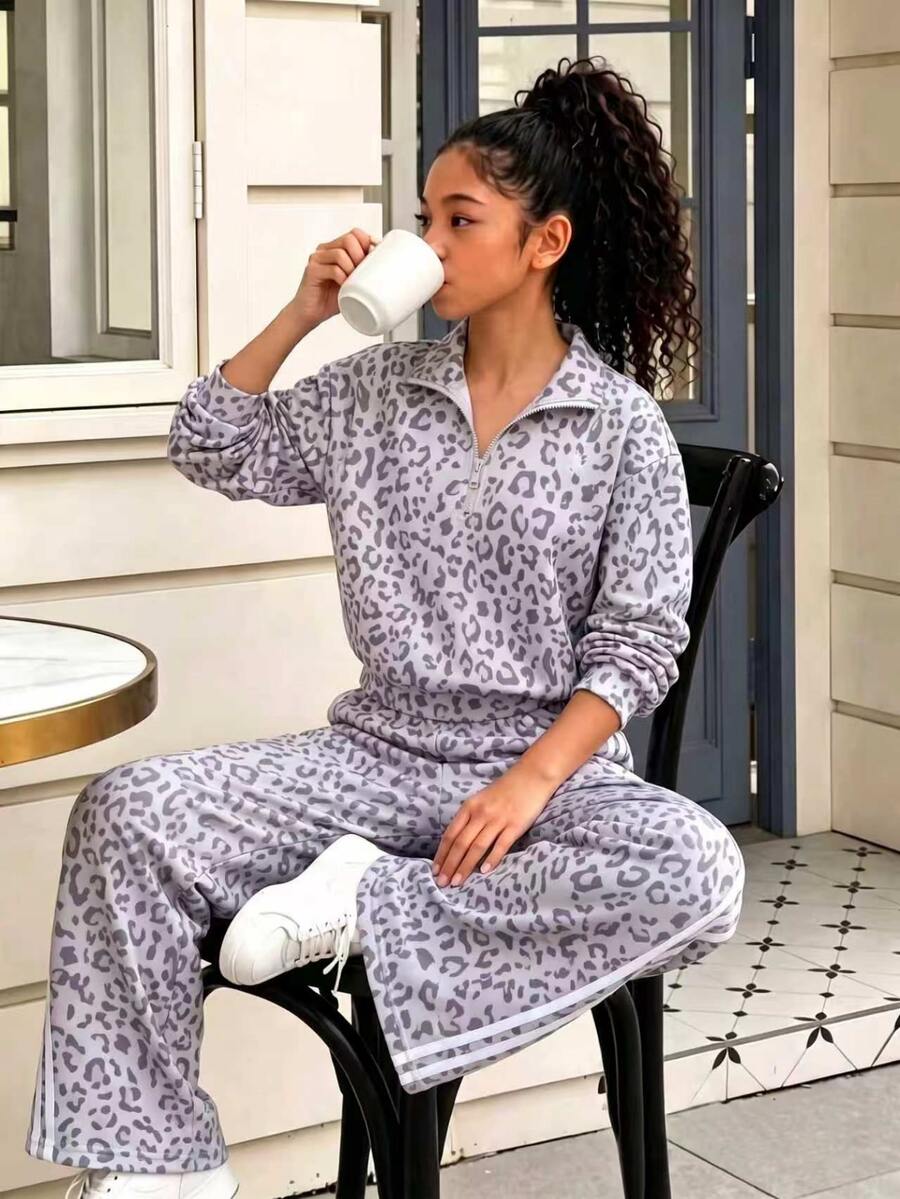Tween Girls 2pcs Set Sweatshirt Set, Vintage, Loose, Knit, Casual, Vacation, Fall Leopard Print Stripe Polo Pull Wide Leg Sweat Pant Girls Outfit Sets - Multicolor - View 1