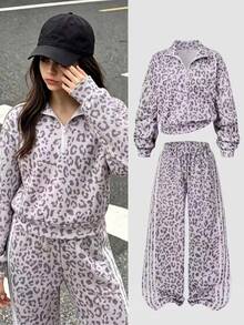 Tween Girls 2pcs Set Sweatshirt Set, Vintage, Loose, Knit, Casual, Vacation, Fall Leopard Print Stripe Polo Pull Wide Leg Sweat Pant Girls Outfit Sets - Multicolor - View 4