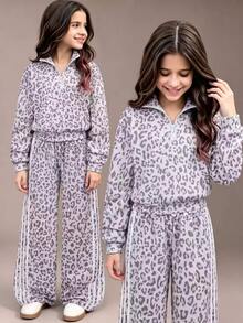 Tween Girls 2pcs Set Sweatshirt Set, Vintage, Loose, Knit, Casual, Vacation, Fall Leopard Print Stripe Polo Pull Wide Leg Sweat Pant Girls Outfit Sets - Multicolor - View 3
