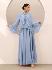 Graceveil 女款優雅端莊雪紡荷葉邊喇叭袖上衣與裙子套裝，淺藍色，適合婚禮、派對、晚宴、晚會、半正式場合，秋季 - 淺藍色 - 查看 7