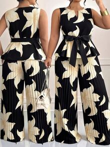 SHEIN CURVE+ 大尺碼女款2件套：無袖印花上衣與休閒寬鬆百褶寬腿褲 - 彩色 - 查看 8