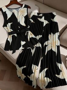 SHEIN CURVE+ 大尺碼女款2件套：無袖印花上衣與休閒寬鬆百褶寬腿褲 - 彩色 - 查看 2
