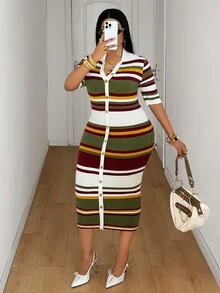 Mawevolt Plus Size Women's Colorblock Casual Everyday Summer Knit Dress Fall - Multicolor - View 6