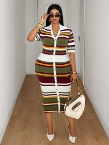 Mawevolt Plus Size Women's Colorblock Casual Everyday Summer Knit Dress Fall - Multicolor - View 3