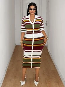 Mawevolt Plus Size Women's Colorblock Casual Everyday Summer Knit Dress Fall - Multicolor - View 5