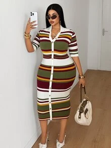 Mawevolt Plus Size Women's Colorblock Casual Everyday Summer Knit Dress Fall - Multicolor - View 2
