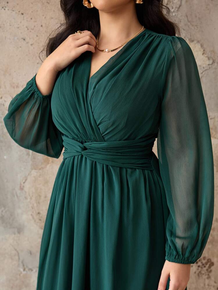 Roveilla Plus Size Women's Elegant Dark Green Chiffon Dress,Winter Wedding Guest Vintage A-Line Long Sleeve Lantern Sleeve Pleated Waist Twist Party Dress Fall