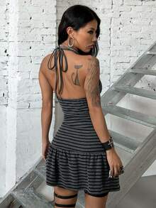 Jeanoix Striped Ruffle Hem Tie Backless Halter Dress - Multicolor - View 2