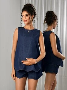 SHEIN Maternity Fashion Tie-Up Navy Blue Denim Set Going Out Formal Summer Casual Sexy - Dark Wash - View 4