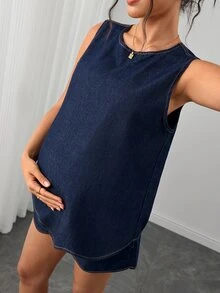 SHEIN Maternity Fashion Tie-Up Navy Blue Denim Set Going Out Formal Summer Casual Sexy - Dark Wash - View 6