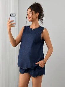SHEIN Maternity Fashion Tie-Up Navy Blue Denim Set Going Out Formal Summer Casual Sexy - Dark Wash - View 3