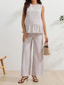 SHEIN Setelan Menyusui Ibu Hamil 2 Potong Motif Kotak-kotak Celana Panjang - Light Grey - View 3