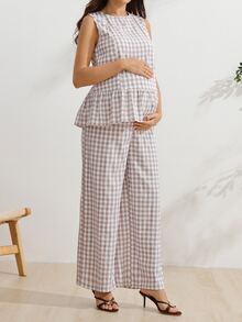 SHEIN Setelan Menyusui Ibu Hamil 2 Potong Motif Kotak-kotak Celana Panjang - Light Grey - View 4